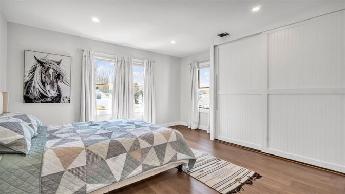 Bedroom, Interior, Recessed Lighting, Wood Texture Flooring