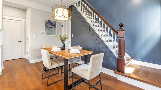 Dining room, Interior, Pendant Lights, Wood Texture Flooring