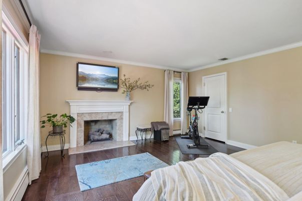 Bedroom, Fireplace, Fitness Equipment, Interior, Wood Texture Flooring