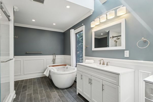 Bathroom, Dual Sink Vanities, Free Standing Baths, Interior, Recessed Lighting, Wood Texture Flooring