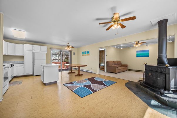 Chandelier, Fireplace, Interior, Kitchen, Pendant Lights, Wood Texture Flooring