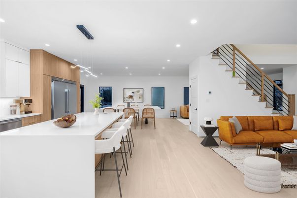 Dining room, Interior, Kitchen, Living room, Pendant Lights, Recessed Lighting, Stainless Steel Appliances, Wood Texture Flooring