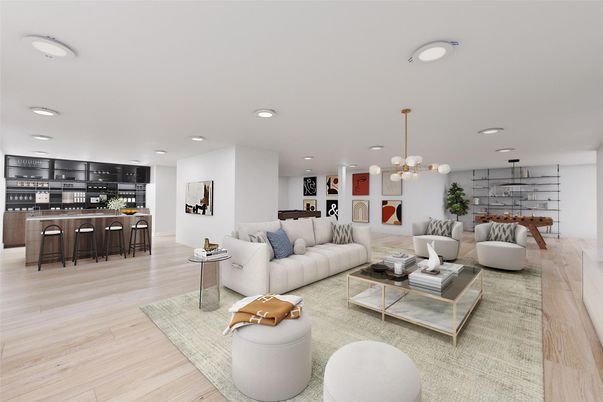 Dining room, Interior, Living room, Pendant Lights, Recessed Lighting, Wood Texture Flooring