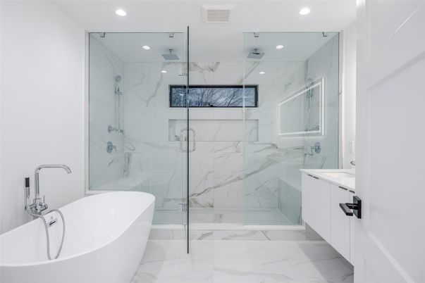 Bathroom, Free Standing Baths, Glass Shower, Interior, Marble, Marble Walls, Recessed Lighting
