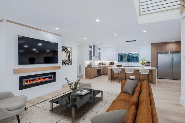 Fireplace, Interior, Kitchen, Living room, Recessed Lighting, Stainless Steel Appliances, Wood Texture Flooring