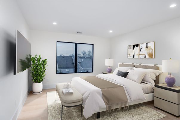 Bedroom, Interior, Recessed Lighting, Wood Texture Flooring