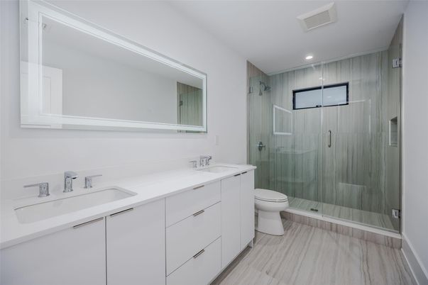 Bathroom, Dual Sink Vanities, Glass Shower, Interior, Marble, Recessed Lighting