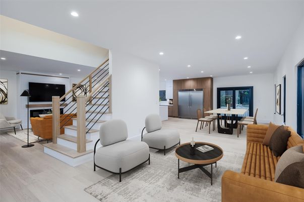 Dining room, Interior, Kitchen, Living room, Recessed Lighting, Stainless Steel Appliances, Wood Texture Flooring