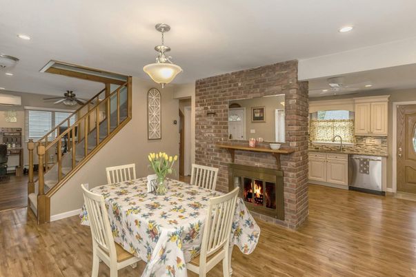 Dining room, Fireplace, Interior, Kitchen, Pendant Lights, Recessed Lighting, Stone Walls, Wood Texture Flooring