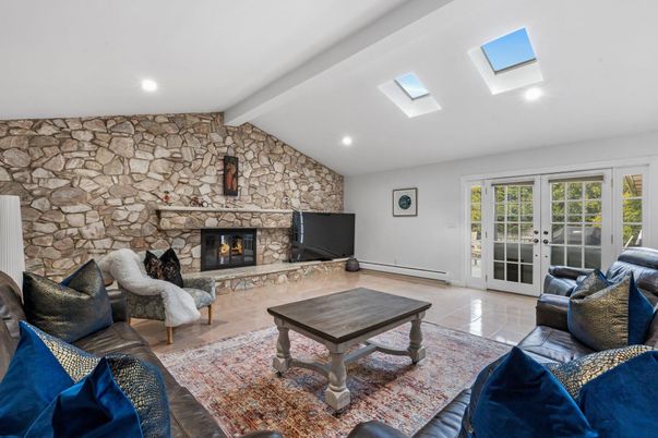 Fireplace, Interior, Living room, Recessed Lighting, Stone Walls