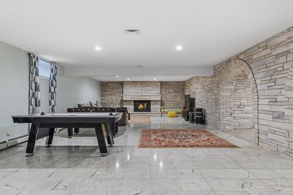 Billiard Table, Fireplace, Game Room, Interior, Marble, Recessed Lighting, Stone Walls
