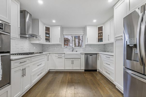 Interior, Kitchen, Recessed Lighting, Stainless Steel Appliances, Wood Texture Flooring