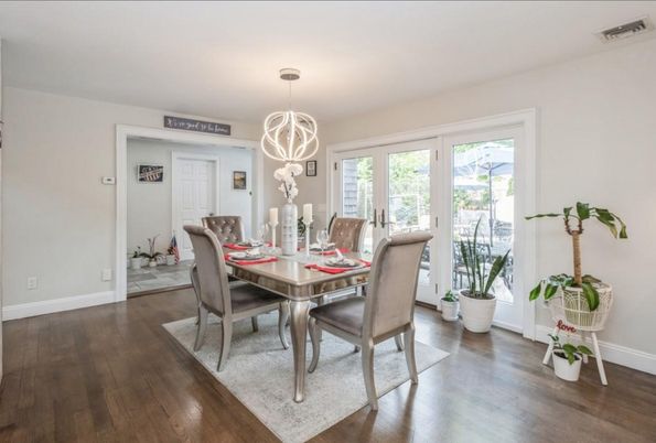Dining room, Interior, Pendant Lights, Wood Texture Flooring