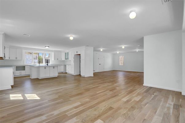 Empty room, Interior, Kitchen, Recessed Lighting, Wood Texture Flooring