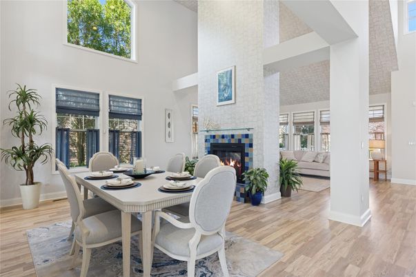 Dining room, Fireplace, Interior, Stone Walls, Wood Texture Flooring
