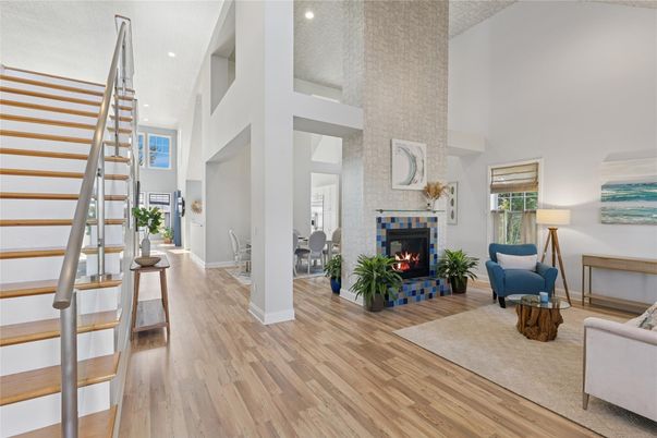 Fireplace, Interior, Living room, Recessed Lighting, Wood Texture Flooring