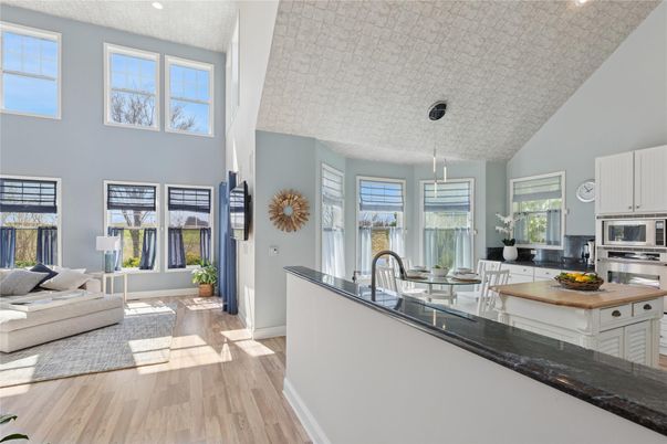 Interior, Kitchen, Living room, Pendant Lights, Recessed Lighting, Stainless Steel Appliances, Wood Texture Flooring