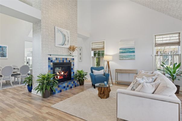 Dining room, Fireplace, Interior, Living room, Stone Walls, Wood Texture Flooring