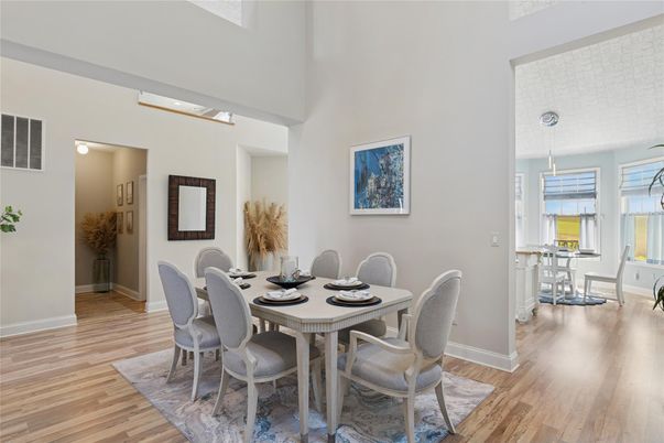 Dining room, Interior, Pendant Lights, Wood Texture Flooring