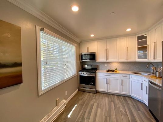 Interior, Kitchen, Recessed Lighting, Stainless Steel Appliances, Wood Texture Flooring