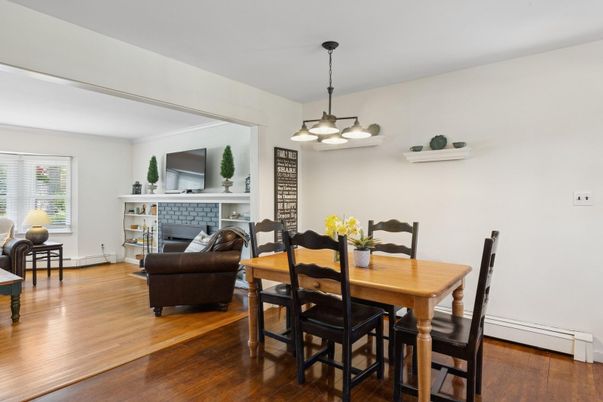 Dining room, Fireplace, Interior, Living room, Pendant Lights, Wood Texture Flooring