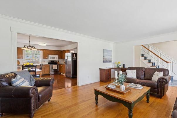 Dining room, Interior, Kitchen, Living room, Pendant Lights, Stainless Steel Appliances, Wood Texture Flooring