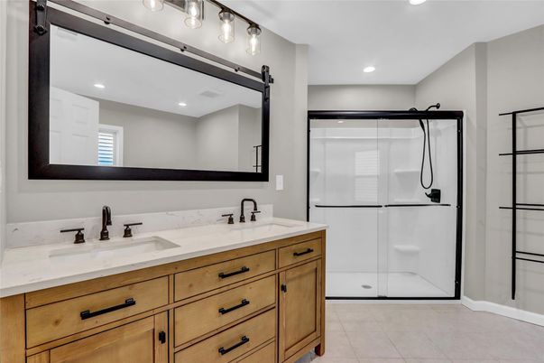 Bathroom, Dual Sink Vanities, Glass Shower, Interior, Recessed Lighting