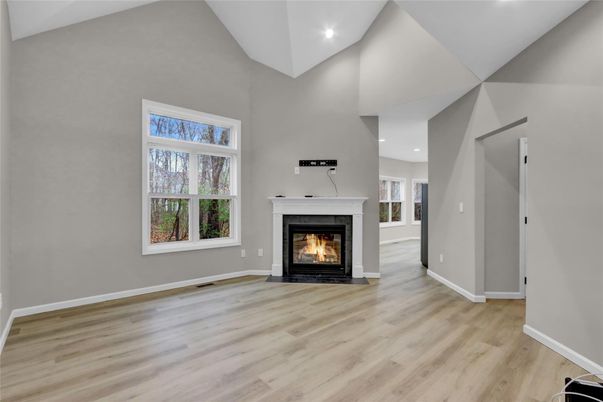 Empty room, Fireplace, Interior, Recessed Lighting, Wood Texture Flooring