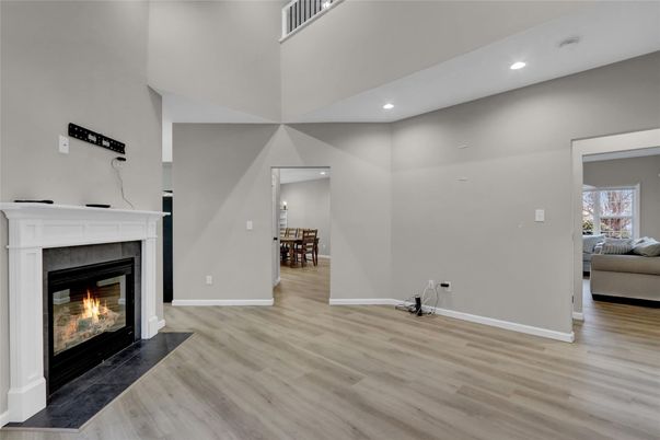 Dining room, Fireplace, Interior, Recessed Lighting, Wood Texture Flooring