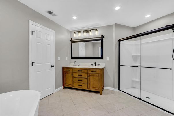 Bathroom, Dual Sink Vanities, Free Standing Baths, Glass Shower, Interior, Recessed Lighting