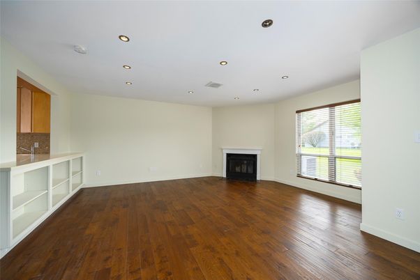 Empty room, Fireplace, Interior, Recessed Lighting, Wood Texture Flooring