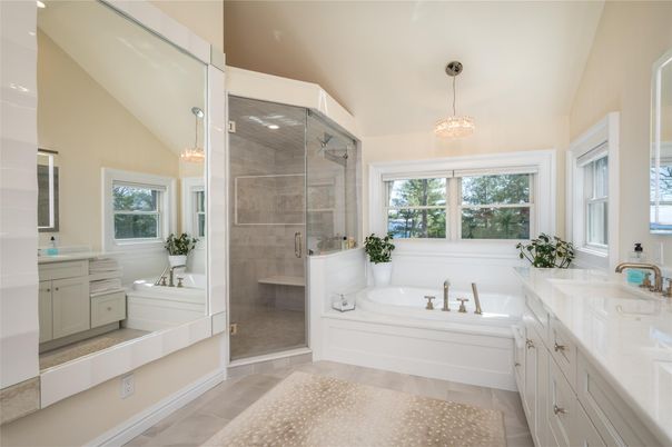 Bathroom, Dual Sink Vanities, Glass Shower, Interior, Pendant Lights