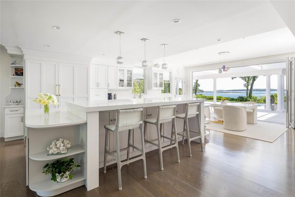 Dining room, Interior, Kitchen, Pendant Lights, Recessed Lighting, Water, Wood Texture Flooring