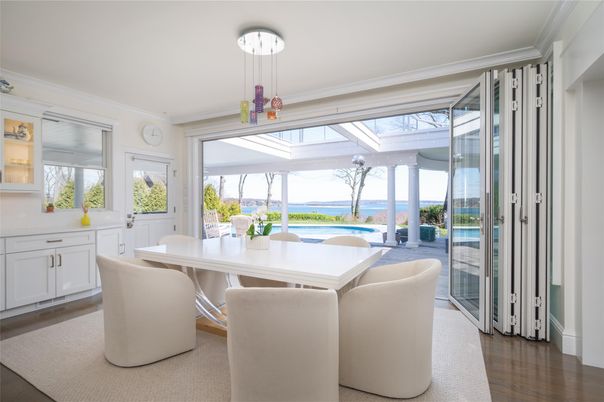 Dining room, Interior, Pendant Lights, Water, Wood Texture Flooring
