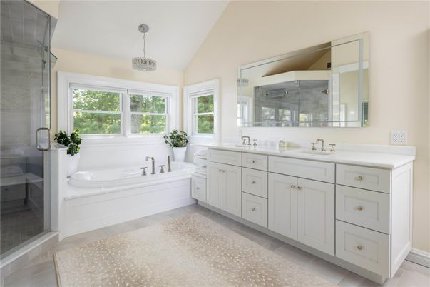 Bathroom, Dual Sink Vanities, Glass Shower, Interior, Pendant Lights, Wood Texture Flooring