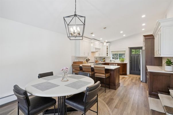 Dining room, Interior, Kitchen, Pendant Lights, Recessed Lighting, Wood Texture Flooring