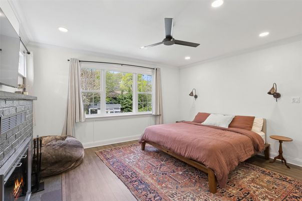 Bedroom, Fireplace, Interior, Recessed Lighting, Wood Texture Flooring