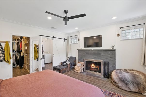 Fireplace, Interior, Recessed Lighting, Wood Texture Flooring