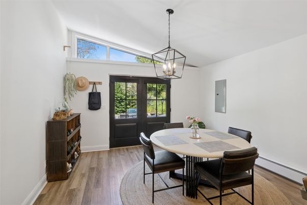 Dining room, Interior, Pendant Lights, Wood Texture Flooring