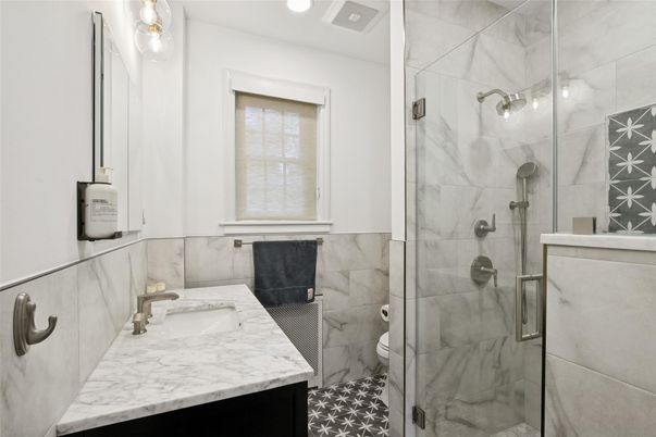 Bathroom, Glass Shower, Interior, Marble Walls, Recessed Lighting