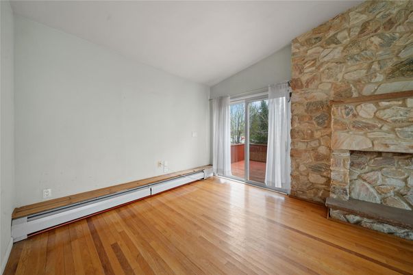 Empty room, Fireplace, Interior, Stone Walls, Wood Texture Flooring