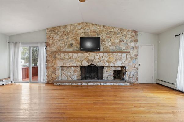 Empty room, Fireplace, Interior, Stone Walls, Wood Texture Flooring