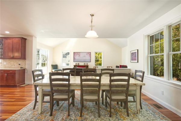 Dining room, Interior, Pendant Lights, Recessed Lighting, Wood Texture Flooring