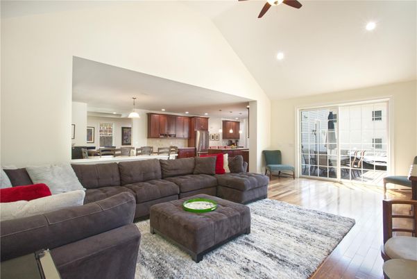 Dining room, Interior, Kitchen, Living room, Pendant Lights, Recessed Lighting, Stainless Steel Appliances, Wood Texture Flooring