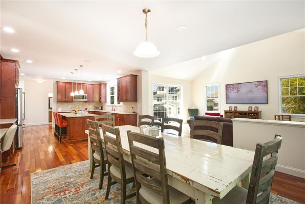 Dining room, Interior, Kitchen, Pendant Lights, Recessed Lighting, Wood Texture Flooring