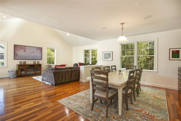 Dining room, Interior, Living room, Pendant Lights, Recessed Lighting, Wood Texture Flooring