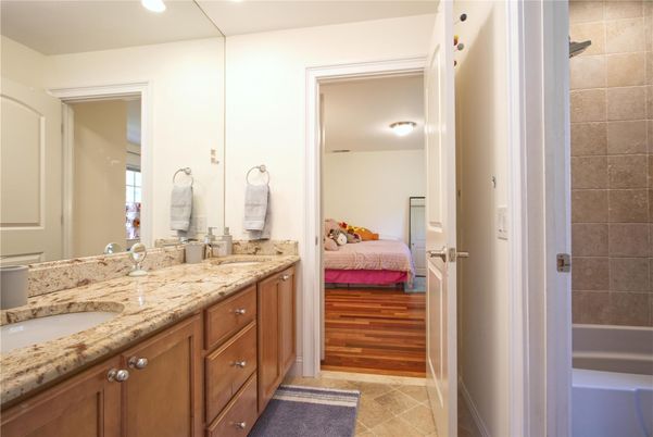 Bathroom, Bedroom, Dual Sink Vanities, Interior, Recessed Lighting, Wood Texture Flooring