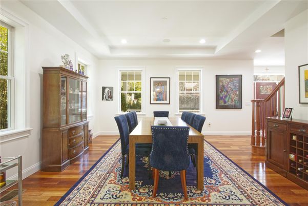 Dining room, Interior, Recessed Lighting, Wood Texture Flooring