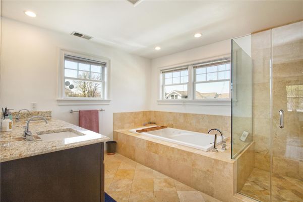 Bathroom, Dual Sink Vanities, Glass Shower, Interior, Recessed Lighting