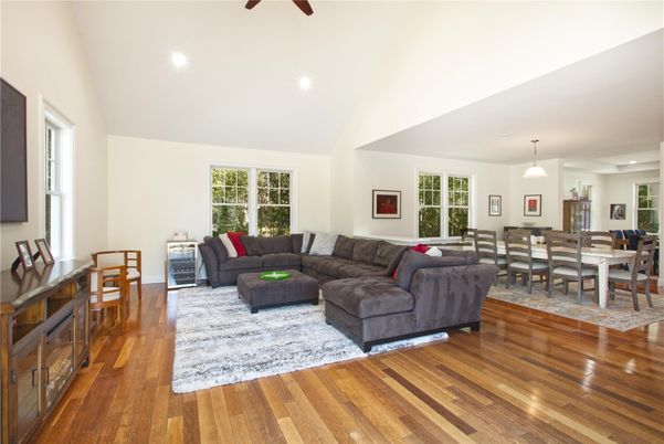 Dining room, Interior, Living room, Pendant Lights, Recessed Lighting, Wood Texture Flooring